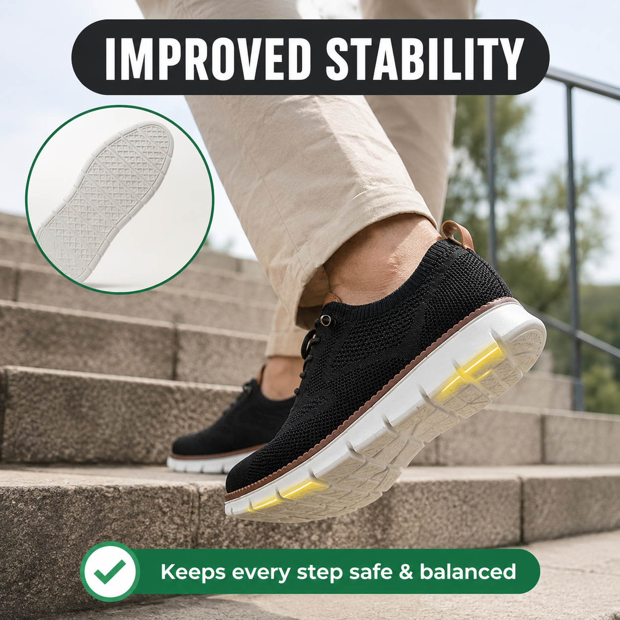Man over 50 walking on steps in Solvi orthopedic shoes with non-slip outsole for stable, balanced steps