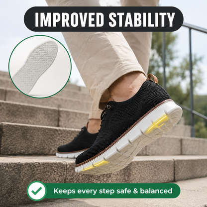 Man over 50 walking on steps in Solvi orthopedic shoes with non-slip outsole for stable, balanced steps