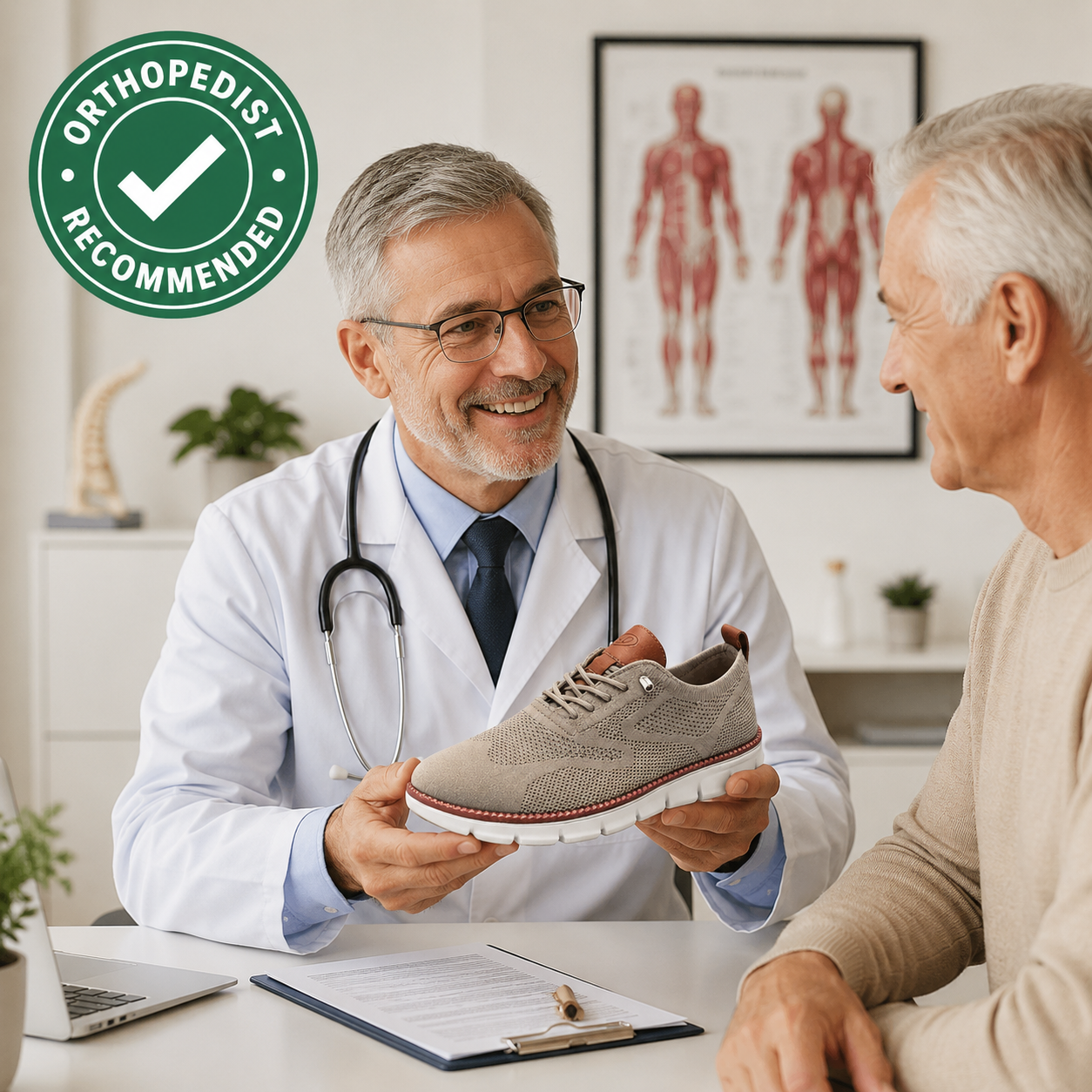 Orthopedist recommending Solvi orthopedic comfort walking shoes for foot, knee and back pain relief