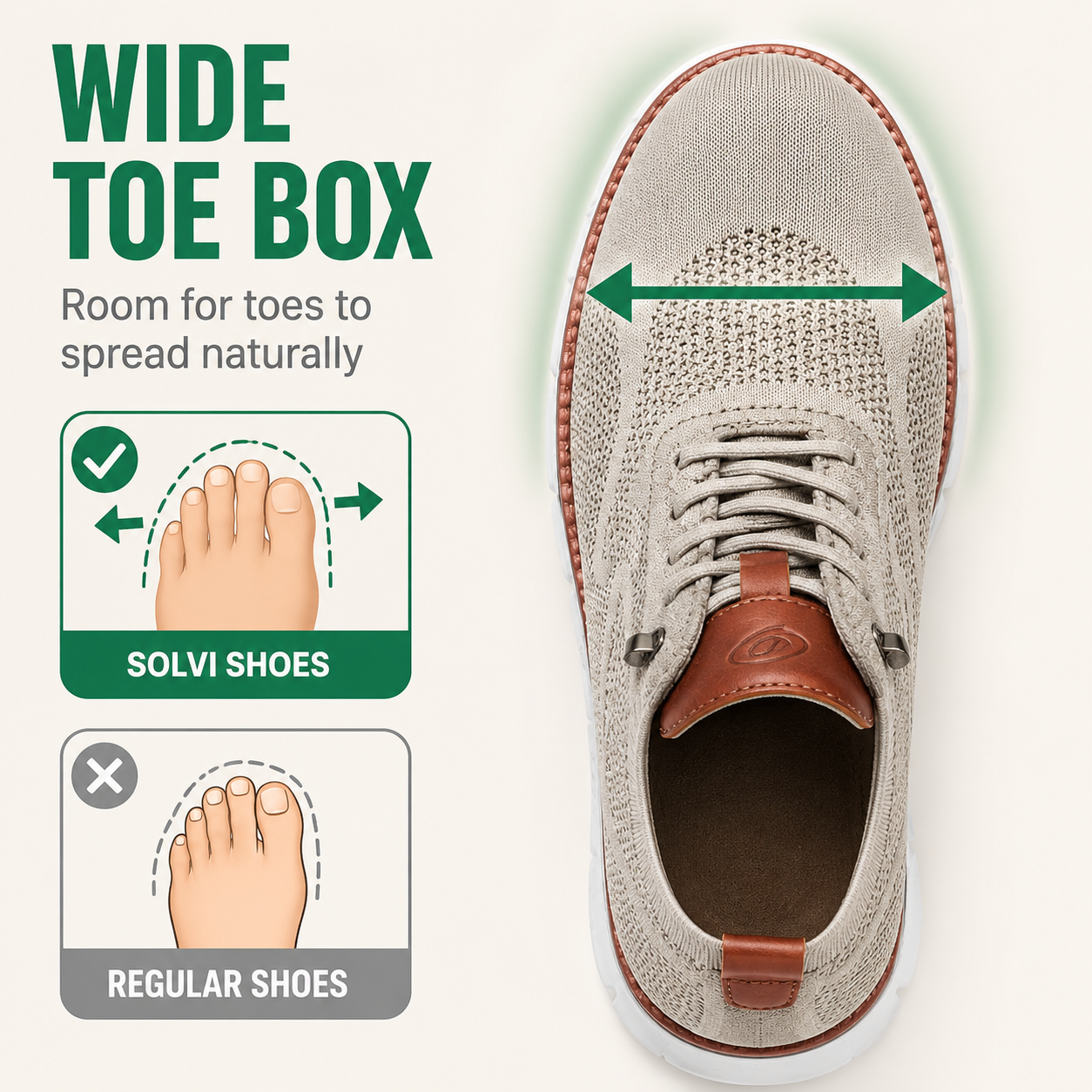 Solvi orthopedic shoe wide toe box giving toes room to spread naturally and reduce foot pain