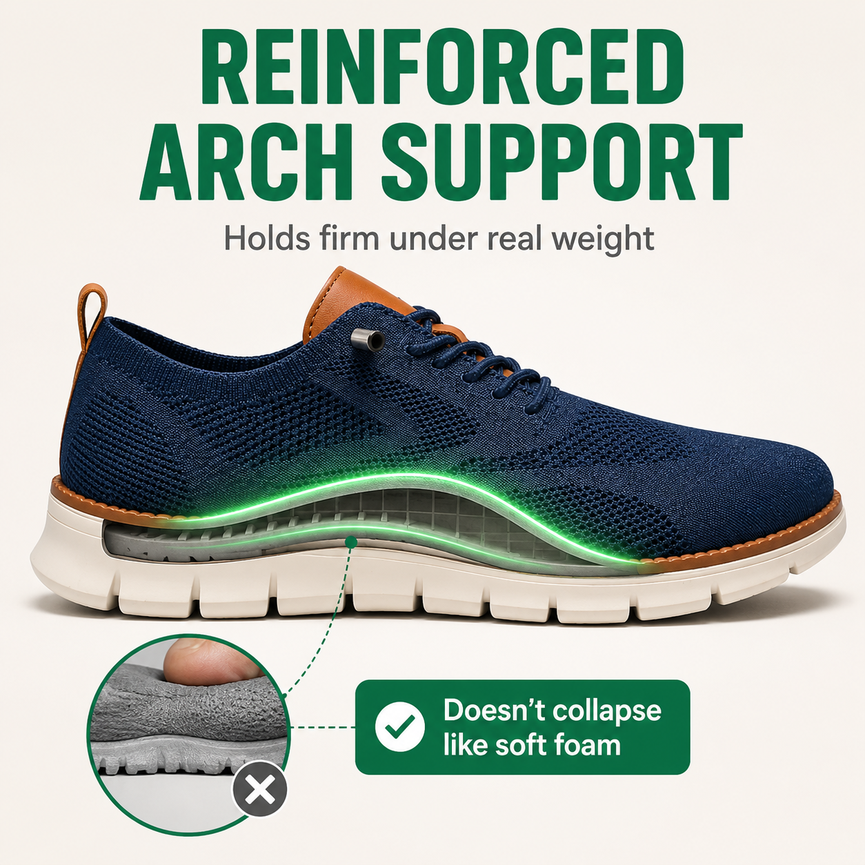 Solvi walking shoe reinforced arch support that holds firm and won't collapse like soft foam