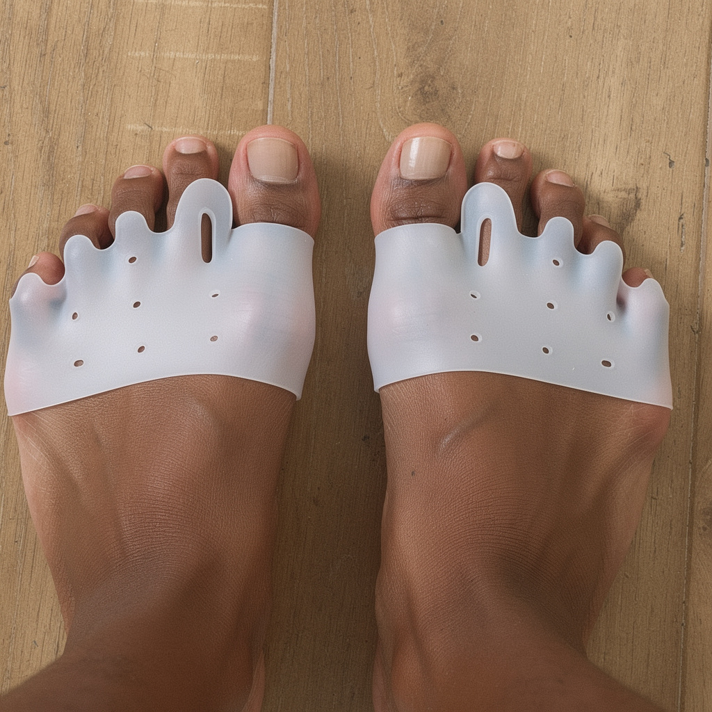 White foot separators on feet against a wooden floor background